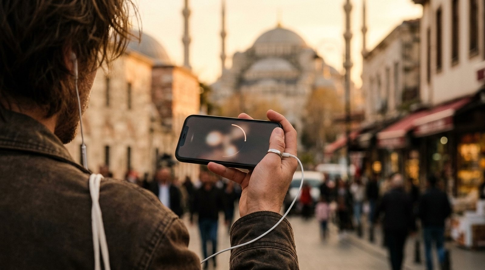 Hand holding a smartphone playing a self-guided audio tour on an old-city street in Istanbul