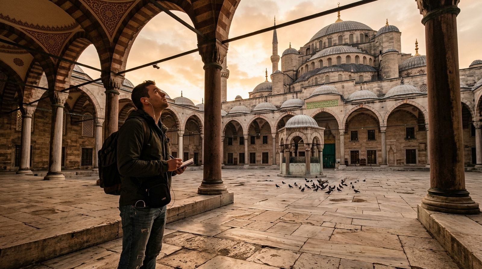 Visitor with earbuds listening to an audio guide in the arcaded courtyard of the Blue Mosque, Istanbul