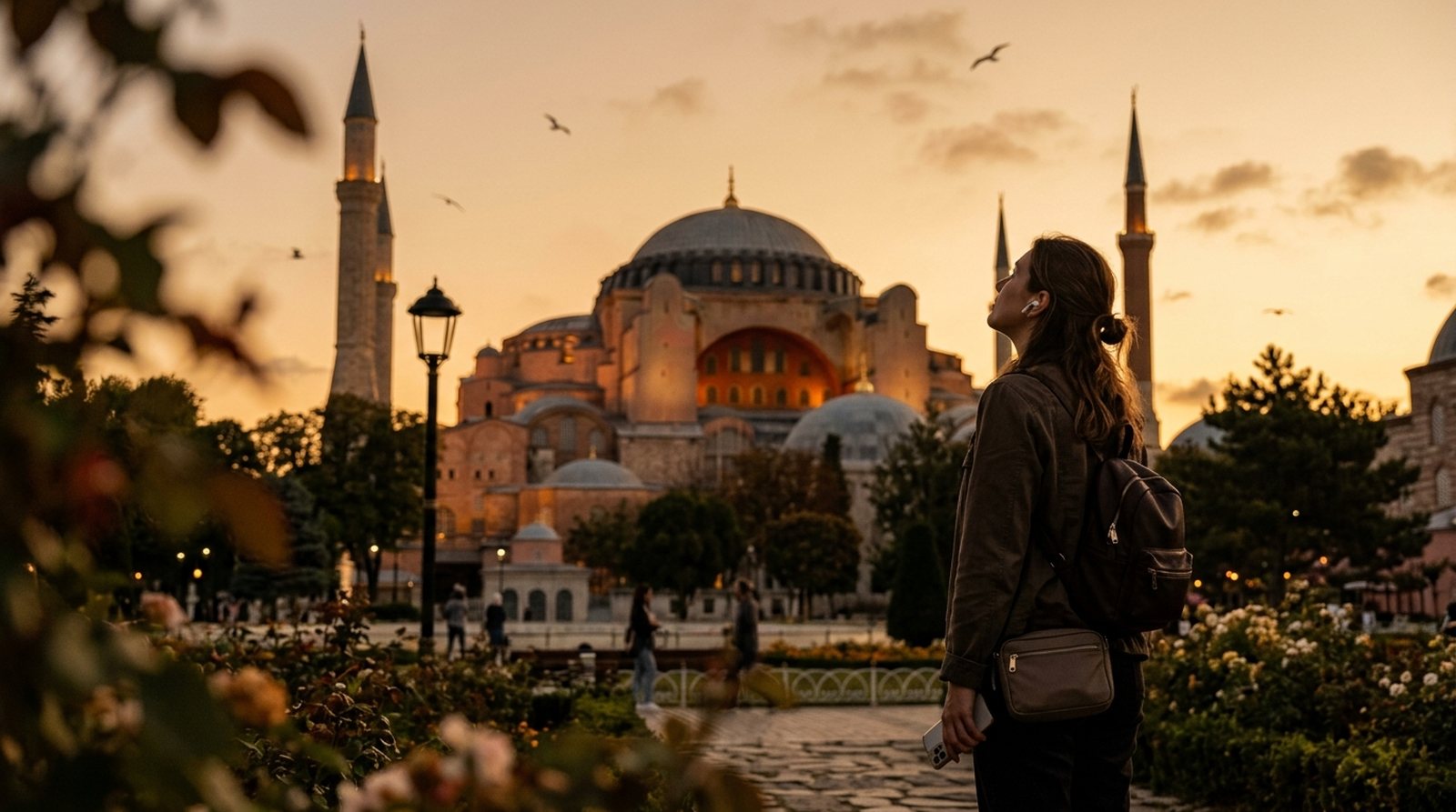 Traveler with earbuds listening to an Istanbul audio guide while gazing at Hagia Sophia at golden hour