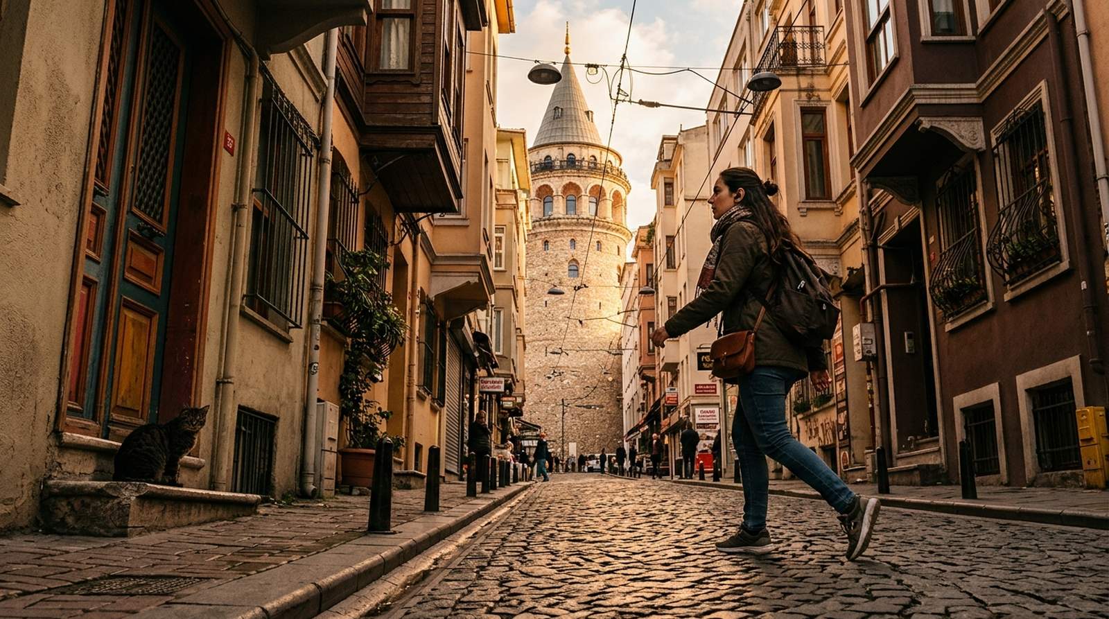 Traveler on a cobbled Galata lane following an audio tour, Galata Tower rising ahead